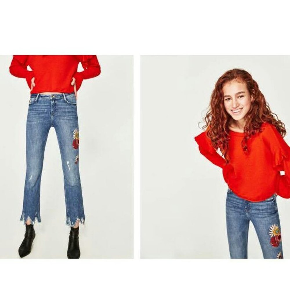 Zara Embroidered Floral Mid Rise Mini Flare Jeans US 2